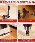 Professional 18 Piece Countersink Drill Bit Set Featuring Hex Shank Screwdriver Bits And Precision Depth Stop Collars in use for cabinets and DIY.