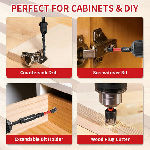 Professional 18 Piece Countersink Drill Bit Set Featuring Hex Shank Screwdriver Bits And Precision Depth Stop Collars in use for cabinets and DIY.
