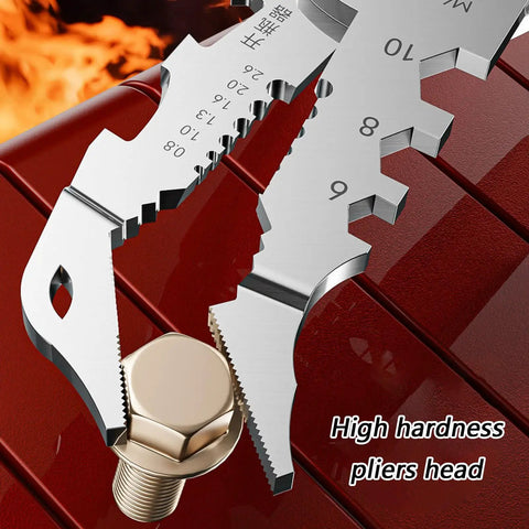 Pro Grade Wire Stripper and Crimping Pliers Kit showing serrated jaws gripping a metal bolt with fire background