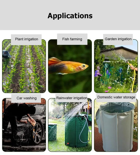 Applications of Super Portable Foldable Rain Barrel For Easy Rainwater Collection From Your Gutter Downspout, plant, garden, car wash