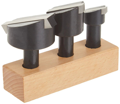 Fly Cutter Set With Tool Bits Includes Three Head Sizes Three Quarter Inch One And One Eighth Inch One And Three Eighth Inch Plus Half Inch Shank Bits In Three Sixteenth Inch One Quarter Inch Five Sixteenth Inch Black Oxide Finish With Setscrews And displayed on a wooden stand.