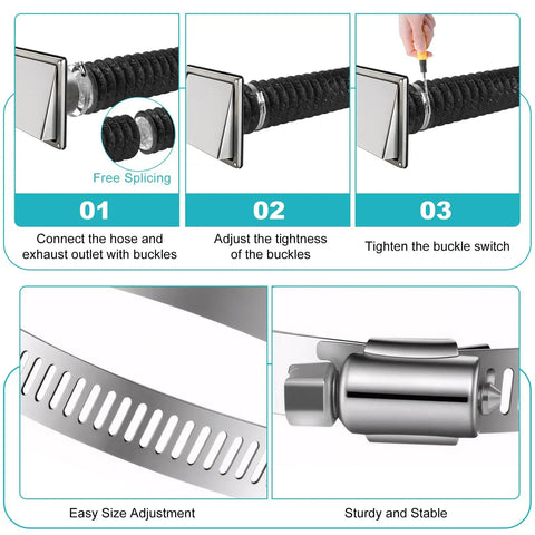 4 Inch By 7.2 Ft Dryer Vent Hose Flexible Aluminum Duct installation steps and clamp close-up