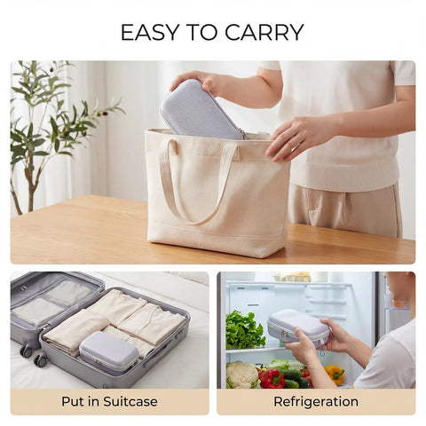 Person placing Purple Peptide Case For Fridge And Travel With EVA Vial Organizer in beige tote bag on wooden table