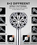10-mode handheld shower from 12 Inch High Pressure Rain Shower Head Kit, featuring different spray patterns with chrome finish