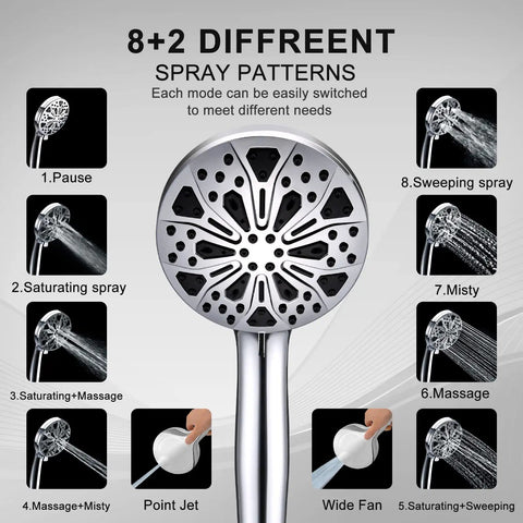 10-mode handheld shower from 12 Inch High Pressure Rain Shower Head Kit, featuring different spray patterns with chrome finish