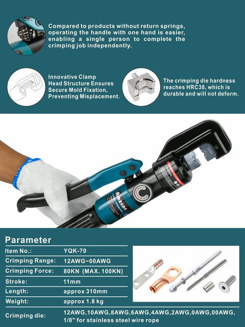Heavy Duty 10 Ton Hydraulic Battery Cable Crimper with one hand operation, 9 hex die set, 180-degree rotating head in use