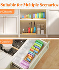Bamboo Lid Organizer For Inside Cabinet With 4 Adjustable Inserts And 5 Sections, shown in use inside kitchen cabinets and drawers.