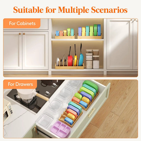 Bamboo Lid Organizer For Inside Cabinet With 4 Adjustable Inserts And 5 Sections, shown in use inside kitchen cabinets and drawers.