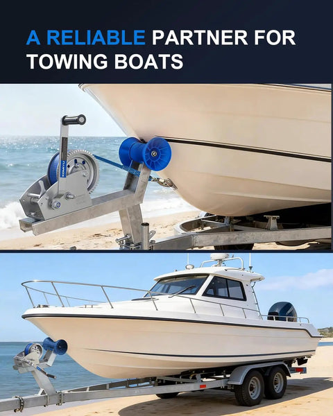 Beefy 4000 Pound Boat Trailer Winch With Strap Heavy Duty Hand Winch For Boats And Tough Towing Tasks Dual Speed System 5.4 To 1 And 16.6 To 1 High Carbon Steel Gears mounted on boat trailer