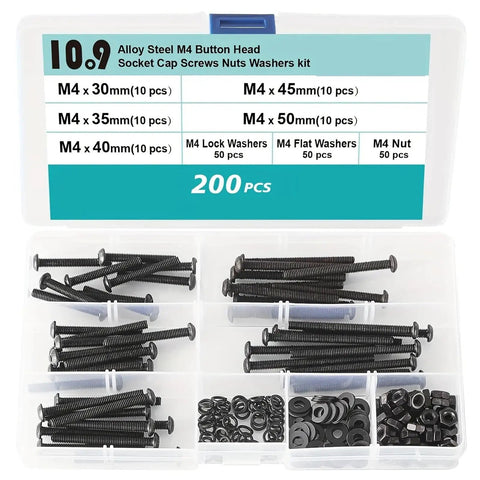 200 Piece M4 Hex Socket Head Cap Screws Kit With 10.9 Alloy Steel Black Bolts Nuts Washers Assortment For DIY Projects Automotive Bike Repairs Ideal For Quick Fix Auto Repair Home Improvement And Gearhead Projects. Open case with M4 alloy steel black screws, nuts, and washers