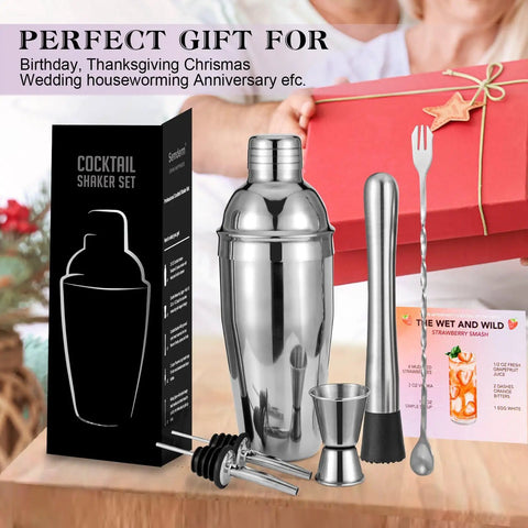 All In One 6 Piece Cocktail Shaker Set With 24 Oz Shaker Muddler Jigger Spoon And Pourers Pro Grade 18 8 Stainless Steel Bar Tools