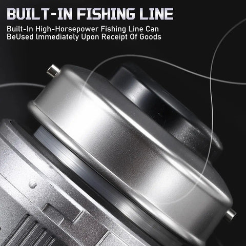 Close-up of built-in spooled line on Spincast Fishing Reel Size 30 With Easy Right Or Left Hand Retrieve, Silver Finish