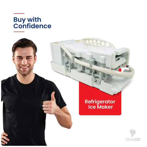 Replacement Ice Maker Assembly DA97-05422A for Samsung fridges shown with smiling man giving thumbs up