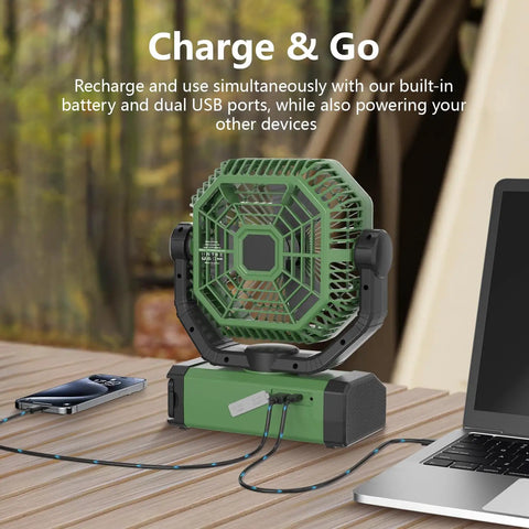 24000mAh Portable Fan With Light And Remote, Rechargeable Battery Powered Desk Camping Outdoor Gym 4 Speed Beast Airflow shown on a table