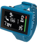 Luna 2.0 AI Wrist Dive Computer With Bluetooth, Easy Read Wide LCD, blue silicone strap, dive data visible on screen