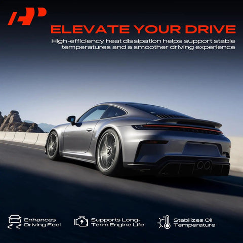 Silver sports car on highway, text: 'Elevate Your Drive'. Transmission Oil Cooler Kit With Universal Aluminum 8 Pass Tube And Fin Includes Hose Mounting Kit.