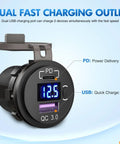 Ride Ready USB PD Type C Car Charger Socket With Digital Voltmeter And Rocker Switch Straight Shooter 12 To 24V close-up view showing dual charging ports.