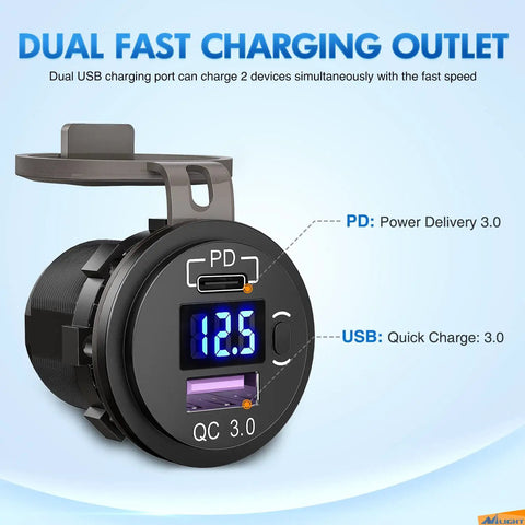Ride Ready USB PD Type C Car Charger Socket With Digital Voltmeter And Rocker Switch Straight Shooter 12 To 24V close-up view showing dual charging ports.