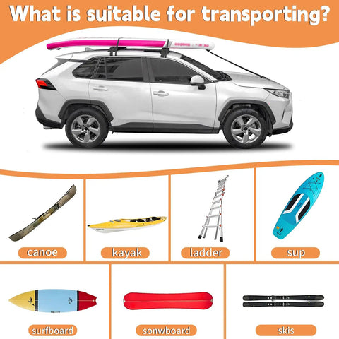 Car with Soft Roof Rack Pads for Kayak, SUP, Surfboard, and Canoe with 2 Tie Down Straps loaded with equipment.