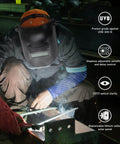 Welder using auto darkening 2x4 welding lens shade 8-13 with true color blue tech filter, helmet lens in action