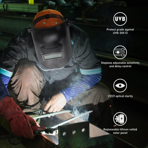 Welder using auto darkening 2x4 welding lens shade 8-13 with true color blue tech filter, helmet lens in action