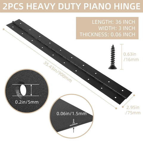 Two Pack Heavy Duty Piano Hinges 36 Inch Stainless Steel Continuous Barrel Hinges with screws, showing matte black finish and measurements.