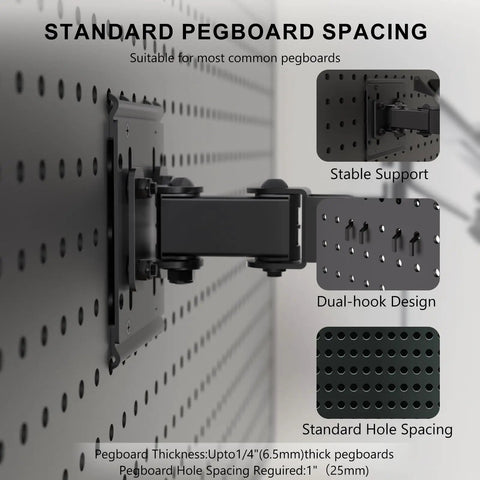 Ultra Top Notch Articulating Pegboard Mount For Laptops And Computer Screens Featuring Ventilated Trays, close-up of dual-hook design on pegboard.