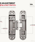 Sleek Concealed Door Hinges In Satin Nickel Finish Featuring A Zero Gap Flush Mount Design With Full Mortised Installation showing 3D adjustment features.