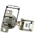 Rock Solid Soft Close Cabinet Hinges 2 Pack Featuring Hella Smooth 108 Degree Wide Swing Action With 3 Way Cam Adjustment For Dead Easy Install On Any 1 1/4 Inch Overlay Door showing a close-up of a 35mm hinge with measurement.