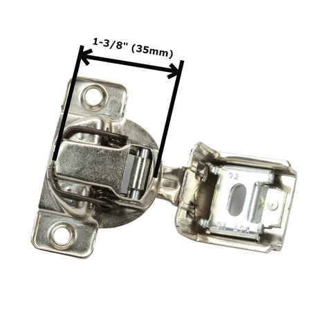 Rock Solid Soft Close Cabinet Hinges 2 Pack Featuring Hella Smooth 108 Degree Wide Swing Action With 3 Way Cam Adjustment For Dead Easy Install On Any 1 1/4 Inch Overlay Door showing a close-up of a 35mm hinge with measurement.