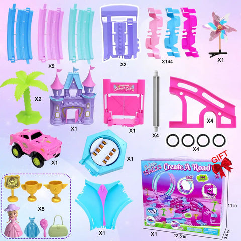 Pink 178 Piece Flexible Track Toy Set With Bendable Race Tracks And Light Up Music, Princess Theme For Girls Ages 3 4 5 6 contents