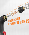 Exploded view of S45 Plasma Cutter Accessory Kit 9 Piece Plasma Cutting Torch Consumables Set with labeled parts and torch
