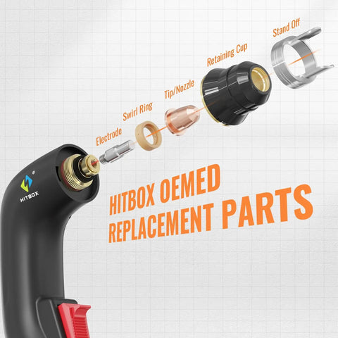 Exploded view of S45 Plasma Cutter Accessory Kit 9 Piece Plasma Cutting Torch Consumables Set with labeled parts and torch