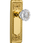 Old School Brass Door Hardware Set With Egg And Dart Plate And Crystal Glass Knob Privacy Lock Two Sided Complete Kit For One Door Unlacquered Brass Backset Two And Three Eighths Inches Ideal For Bathrooms And Bedrooms And Restoration Projects in side view showing detailed brass plate and clear crystal knob