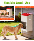 Heavy Duty Automatic Dog Feeder For Large Dogs With 25lb Gravity Bowl Clear Window View And Easy Push Gate Design For Big Hounds and Hustling Pet Parents Daily, placed on the ground and mounted on the wall.