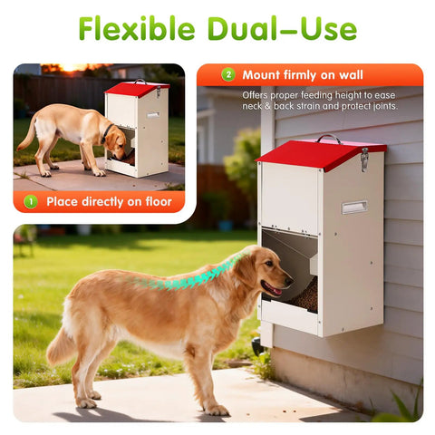 Heavy Duty Automatic Dog Feeder For Large Dogs With 25lb Gravity Bowl Clear Window View And Easy Push Gate Design For Big Hounds and Hustling Pet Parents Daily, placed on the ground and mounted on the wall.