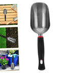 Ergonomic Metal Garden Shovel And Ice Scoop, multi functional hand tool with black handle on display, sleek modern design.
