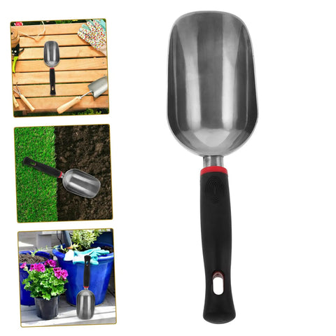 Ergonomic Metal Garden Shovel And Ice Scoop, multi functional hand tool with black handle on display, sleek modern design.