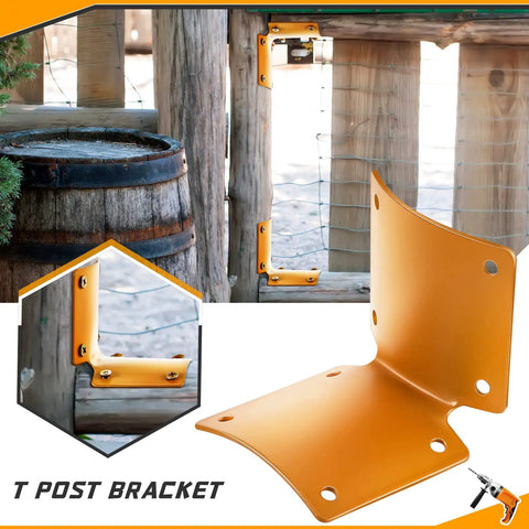 20 Pack Heavy Duty L Shaped Round Post Fence Brackets Built Different For Wood Fence Repair And Deck Railings Includes Self Tapping Screws Rock Solid Hardware Kit, yellow bracket mounted on wood.
