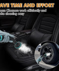 Portable Handheld Steam Cleaner With 16 Versatile Attachments being used on car upholstery, cleaning efficiently with steam.