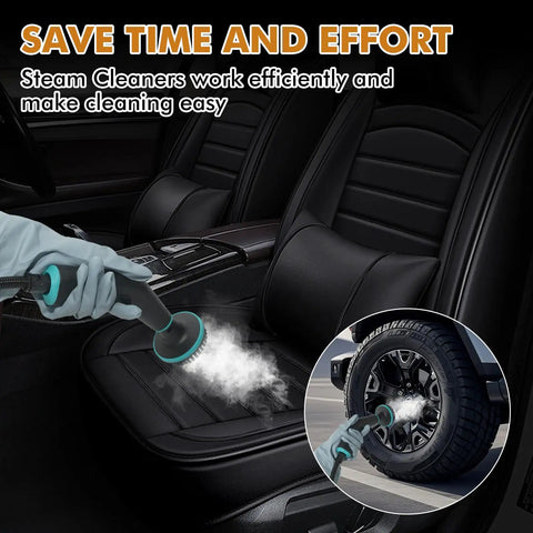 Portable Handheld Steam Cleaner With 16 Versatile Attachments being used on car upholstery, cleaning efficiently with steam.