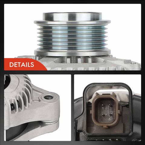 Close-up views of Alternator For Honda Odyssey 2014 2015 2016 2017 3.5L V6 12V 130A 6 Groove Clockwise Pulley Direct Fit Replacement