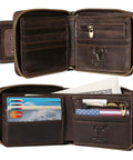 Full Grain Vintage Leather RFID Blocking Bifold Wallet For Men With Three Sided Zipper Flap ID Window Zip Coin Pocket And Large Card Capacity For Travel And Everyday Carry On The Go displayed open with cards and cash