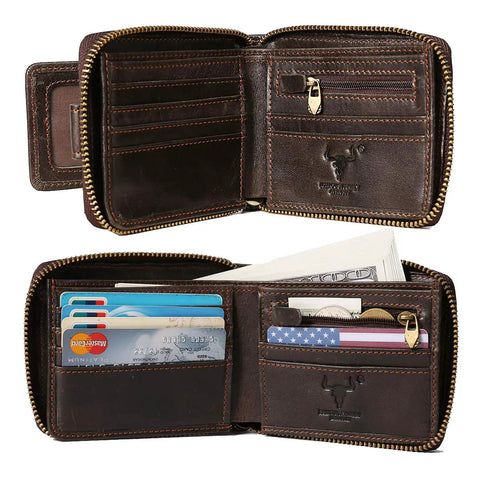 Full Grain Vintage Leather RFID Blocking Bifold Wallet For Men With Three Sided Zipper Flap ID Window Zip Coin Pocket And Large Card Capacity For Travel And Everyday Carry On The Go displayed open with cards and cash