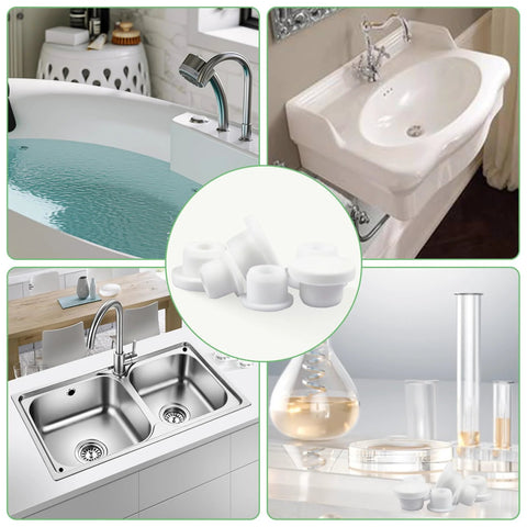 Collage of 36 Piece Bathtub Jet Covers Set In 6 Sizes Fits 12mm 13mm 14mm 15mm 16mm And 17mm Hole displayed with tubs and sinks
