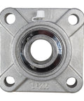 Front view of 1 Inch Stainless Steel Four Bolt Flange Bearing With Grease Zerk, Wide Inner Ring, Two Set Screws, 70mm Bolt Hole Span