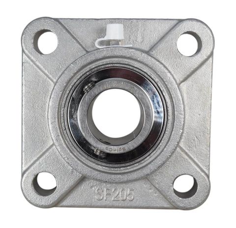 Front view of 1 Inch Stainless Steel Four Bolt Flange Bearing With Grease Zerk, Wide Inner Ring, Two Set Screws, 70mm Bolt Hole Span