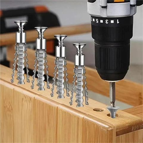 6 To 8mm Hollow Wall Expansion Tube Kit With Self Tapping Metal Screws for Drywall and Concrete shown in use on wood surface