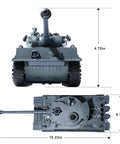 Front and top view of RC Military Tank Tiger I WW2 Battle Toy With IR Battle, showing dimensions and turret details.