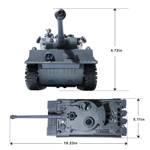 Front and top view of RC Military Tank Tiger I WW2 Battle Toy With IR Battle, showing dimensions and turret details.
